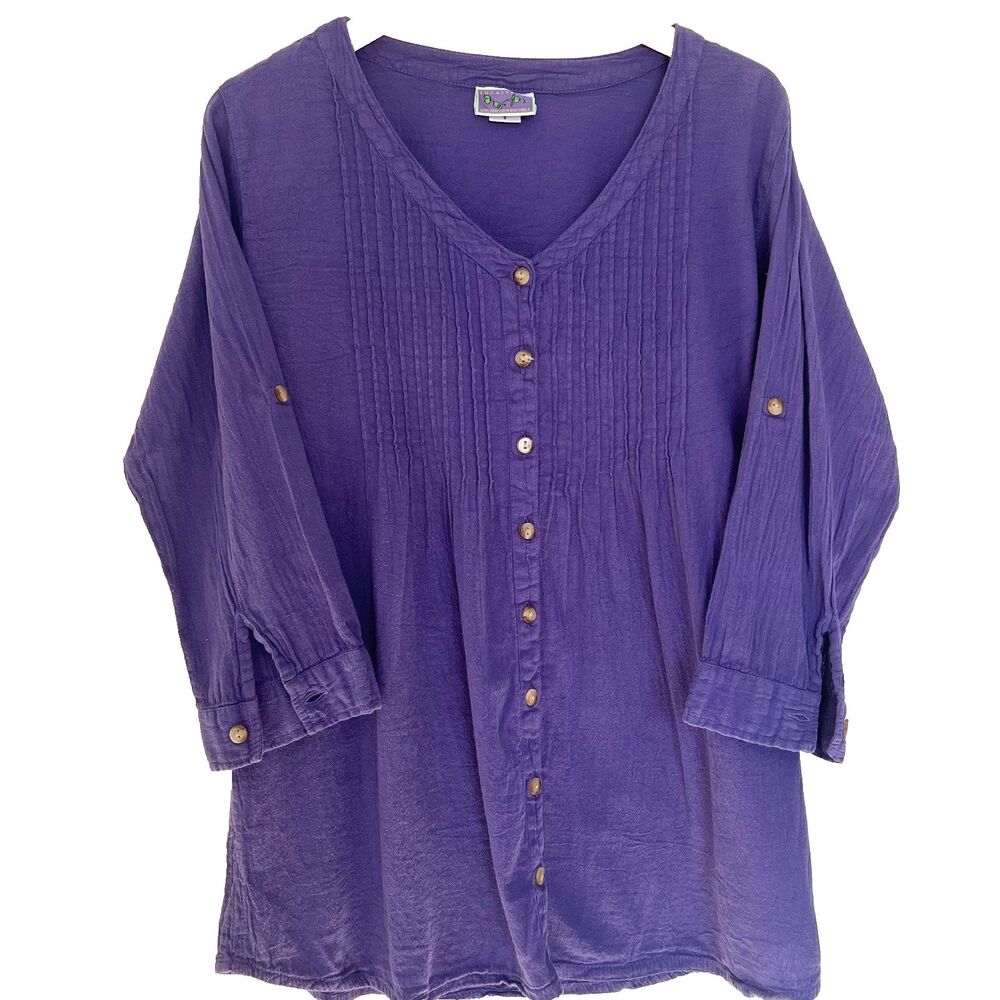 Eucalyptus Tunic Top S Purple Pleated Hand Crafted Guatemala Roll up tab sleeve